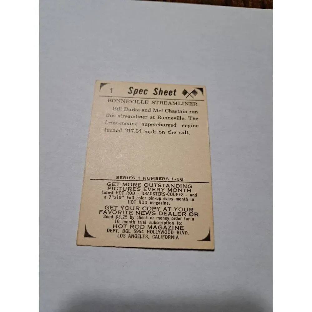 Vintage 1965 Hot Rod Magazine #1 Spec Sheet Bonneville Streamliner Trading Card